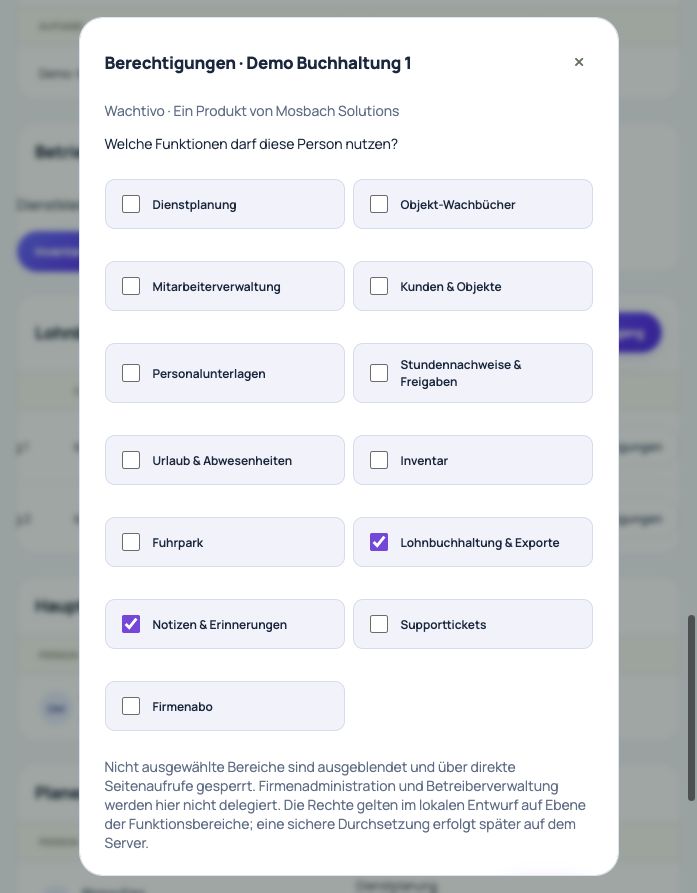 WACHTIVO Plattformansicht: Sicherheit, Rechte & Mandantentrennung
