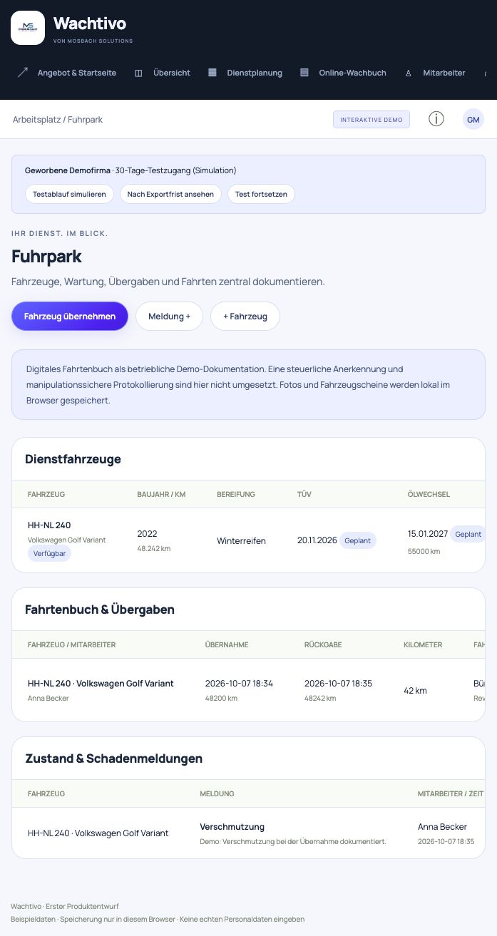 WACHTIVO Plattformansicht: Fuhrpark, Inventar & Betriebsmittel