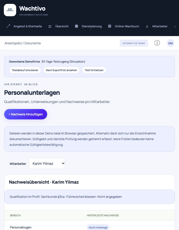 WACHTIVO Plattformansicht: Mitarbeiter, Dokumente & Qualifikationen